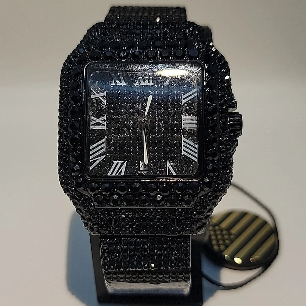 Blacked Out Square Mens Watch Pavé Crystals 41mm Roman Numerals Date Illuminated